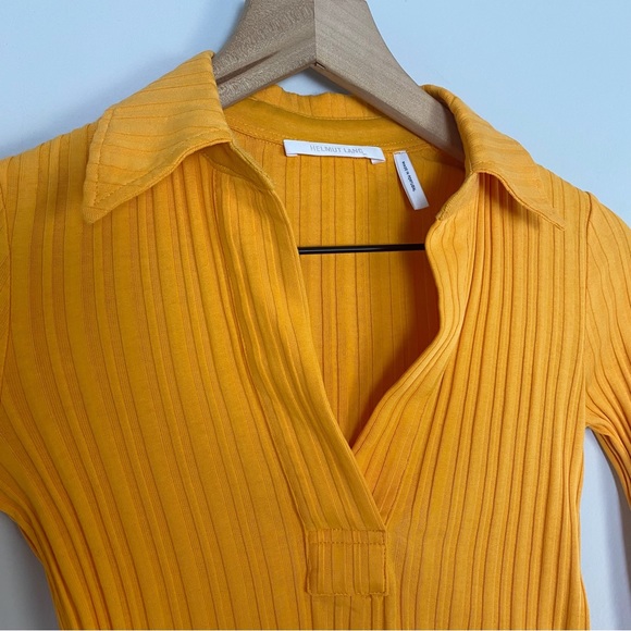 Helmet Lang Textured Stripe Crop Apricot Cotton Polo Shirt - Picture 7 of 13